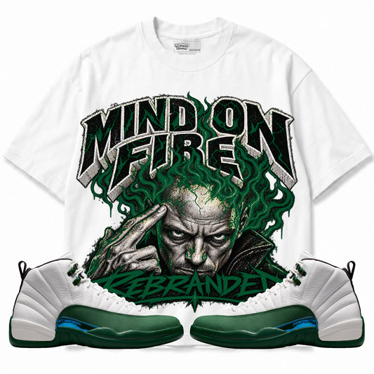 Rebranded Studios Mind on Fire Air Jordan 12 Bucks Graphic T-Shirt — front with sneakers