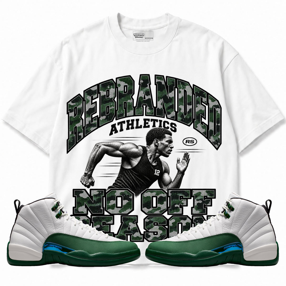 Rebranded Studios No Off Season Air Jordan 12 Bucks Graphic T-Shirt — front with sneakers