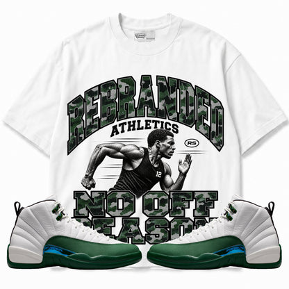 Rebranded Studios No Off Season Air Jordan 12 Bucks Graphic T-Shirt — front with sneakers