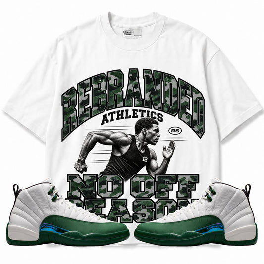 Rebranded Studios No Off Season Air Jordan 12 Bucks Graphic T-Shirt — front with sneakers