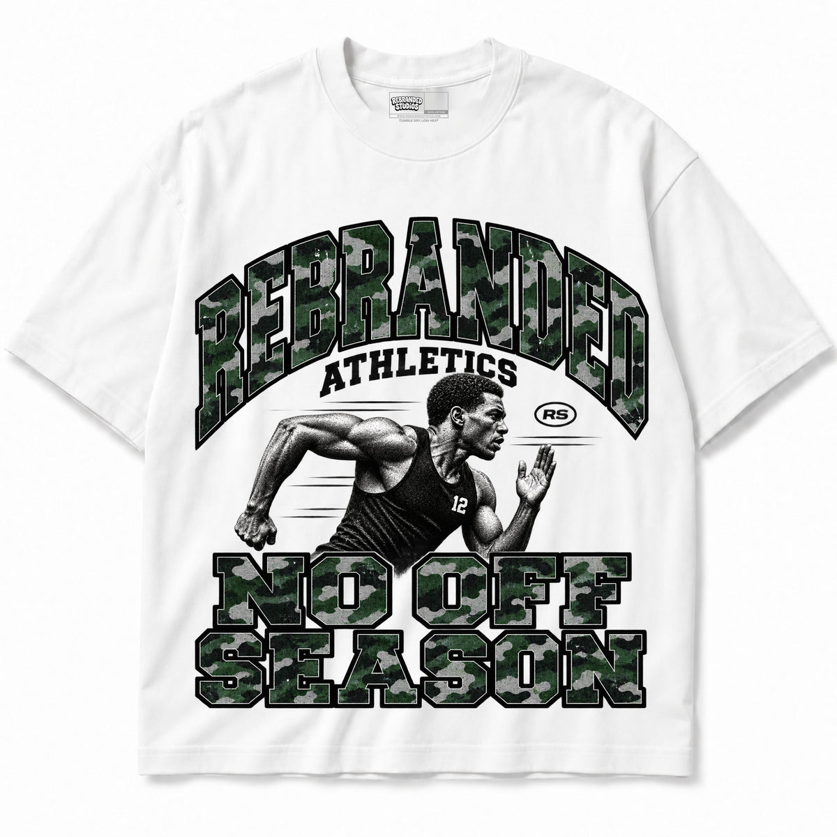 Rebranded Studios No Off Season Air Jordan 12 Bucks Graphic T-Shirt — garment front