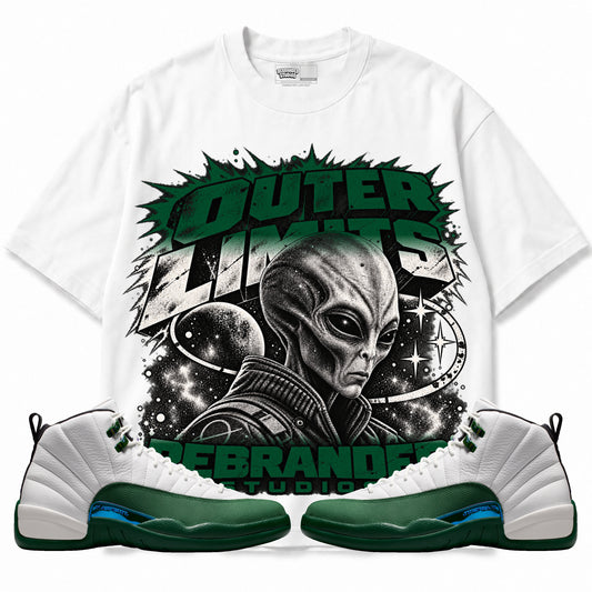 Rebranded Studios Outer Limits Air Jordan 12 Bucks Graphic T-Shirt — front with sneakers
