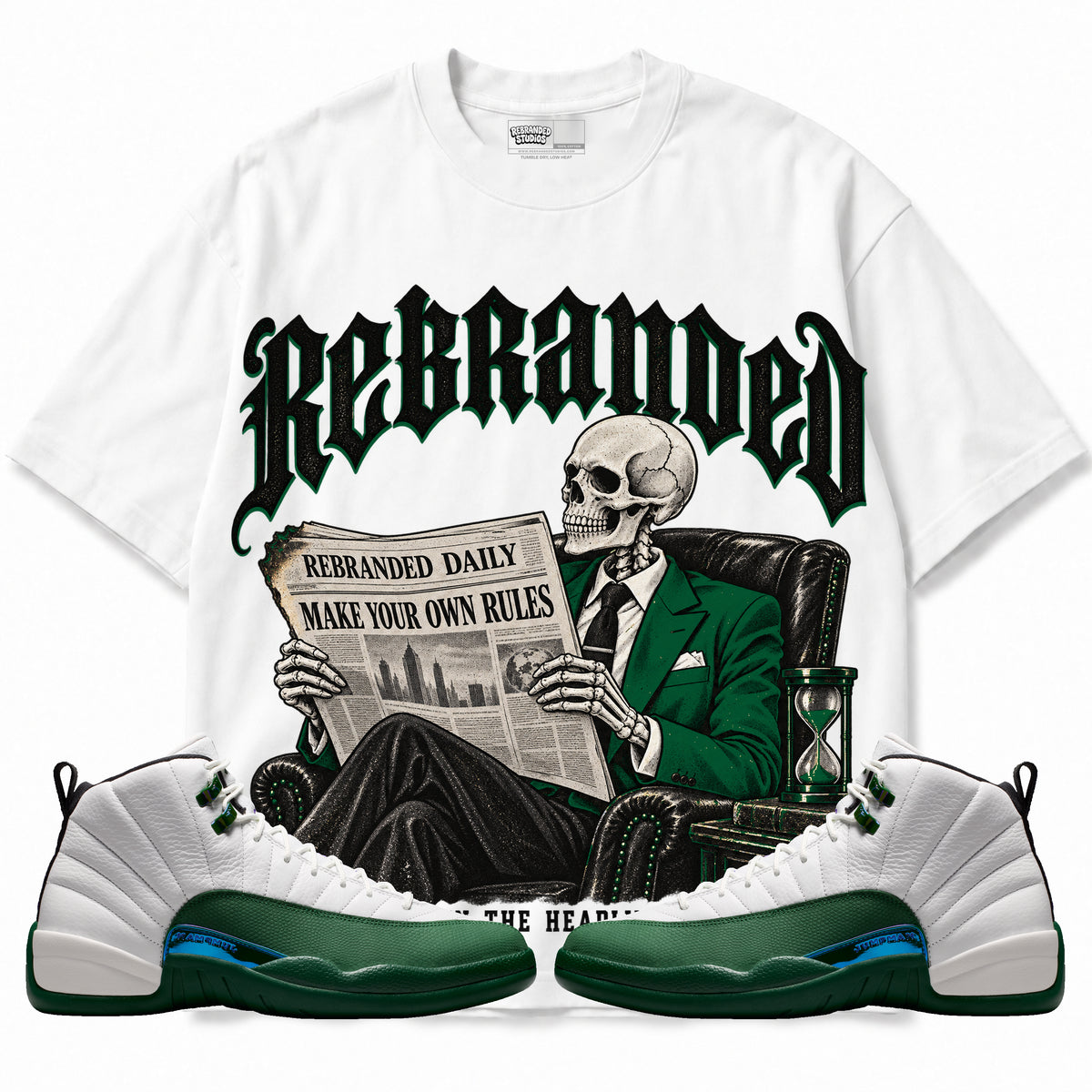 Rebranded Studios Own the Headlines Air Jordan 12 Bucks Graphic T-Shirt — front with sneakers