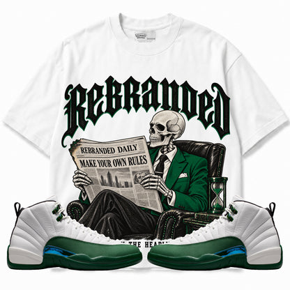 Rebranded Studios Own the Headlines Air Jordan 12 Bucks Graphic T-Shirt — front with sneakers