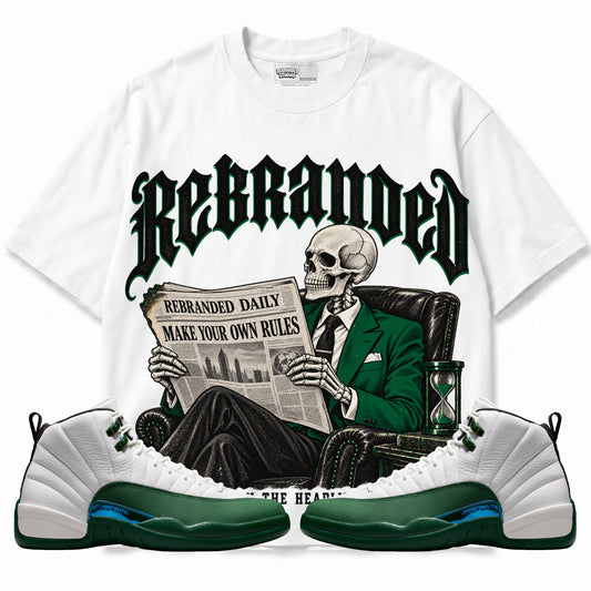 Rebranded Studios Own the Headlines Air Jordan 12 Bucks Graphic T-Shirt — front with sneakers