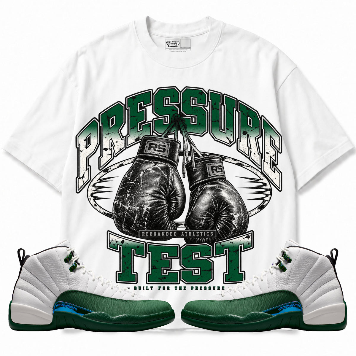 Rebranded Studios Pressure Test Air Jordan 12 Bucks Graphic T-Shirt — front with sneakers
