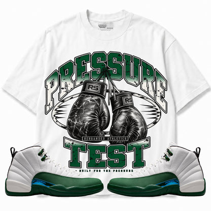 Rebranded Studios Pressure Test Air Jordan 12 Bucks Graphic T-Shirt — front with sneakers