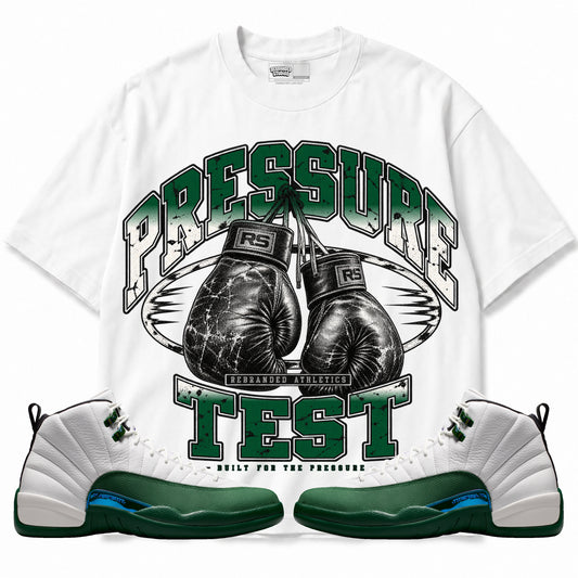 Rebranded Studios Pressure Test Air Jordan 12 Bucks Graphic T-Shirt — front with sneakers