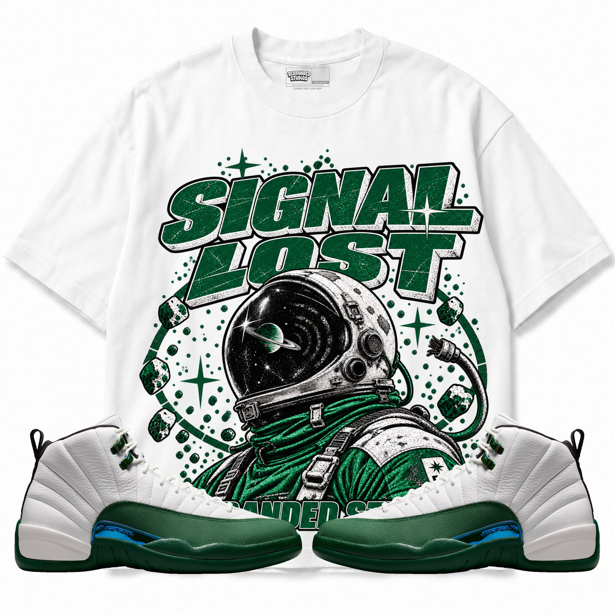 Rebranded Studios Signal Lost Air Jordan 12 Bucks Graphic T-Shirt — front with sneakers