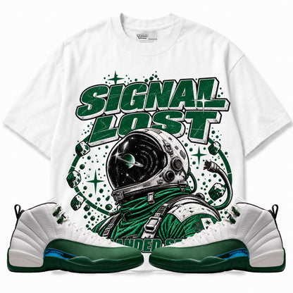 Rebranded Studios Signal Lost Air Jordan 12 Bucks Graphic T-Shirt — front with sneakers