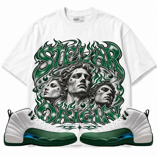 Rebranded Studios Stellar Origin Air Jordan 12 Bucks Graphic T-Shirt — front with sneakers