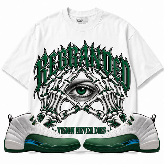 Rebranded Studios Vision Never Dies Air Jordan 12 Bucks Graphic T-Shirt — front with sneakers