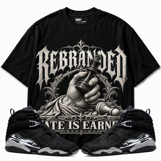 Rebranded Studios Fate Is Earned Air Jordan 8 Chrome Graphic T-Shirt — front with sneakers