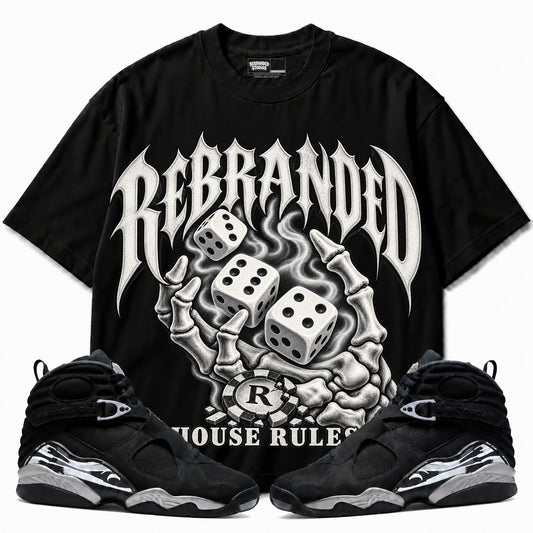 Rebranded Studios House Rules Air Jordan 8 Chrome Graphic T-Shirt — front with sneakers