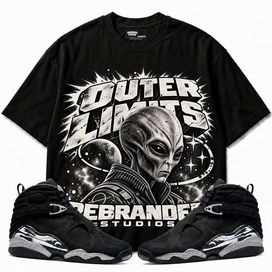 Rebranded Studios Outer Limits Air Jordan 8 Chrome Graphic T-Shirt — front with sneakers