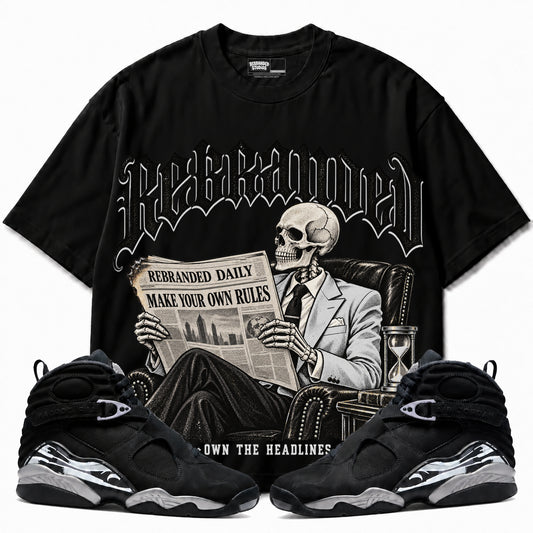 Rebranded Studios Own the Headlines Air Jordan 8 Chrome Graphic T-Shirt — front with sneakers