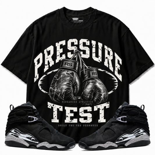 Rebranded Studios Pressure Test Air Jordan 8 Chrome Graphic T-Shirt — front with sneakers