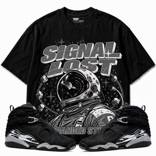 Rebranded Studios Signal Lost Air Jordan 8 Chrome Graphic T-Shirt — front with sneakers