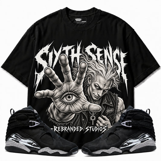 Rebranded Studios Sixth Sense Air Jordan 8 Chrome Graphic T-Shirt — front with sneakers