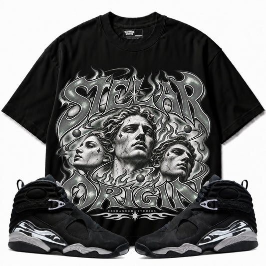 Rebranded Studios Stellar Origin Air Jordan 8 Chrome Graphic T-Shirt — front with sneakers