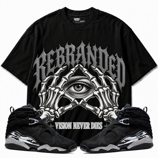 Rebranded Studios Vision Never Dies Air Jordan 8 Chrome Graphic T-Shirt — front with sneakers