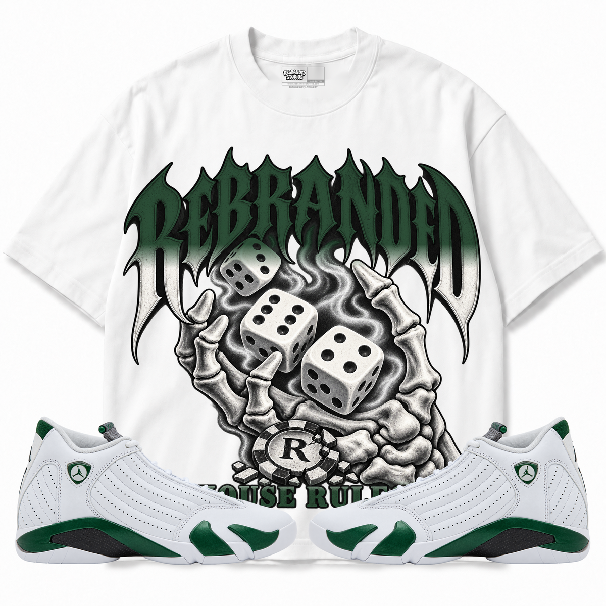 Rebranded Studios House Rules Air Jordan 14 Forest Green Graphic T-Shirt — front with sneakers