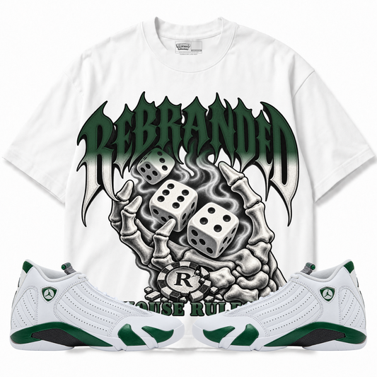 Rebranded Studios House Rules Air Jordan 14 Forest Green Graphic T-Shirt — front with sneakers