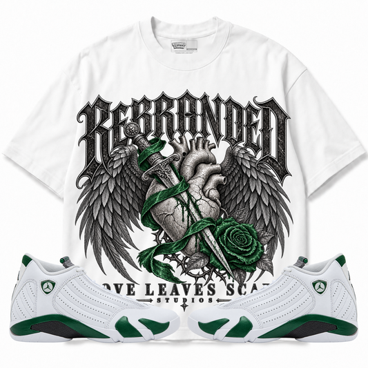 Rebranded Studios Love Leaves Scars Air Jordan 14 Forest Green Graphic T-Shirt — front with sneakers