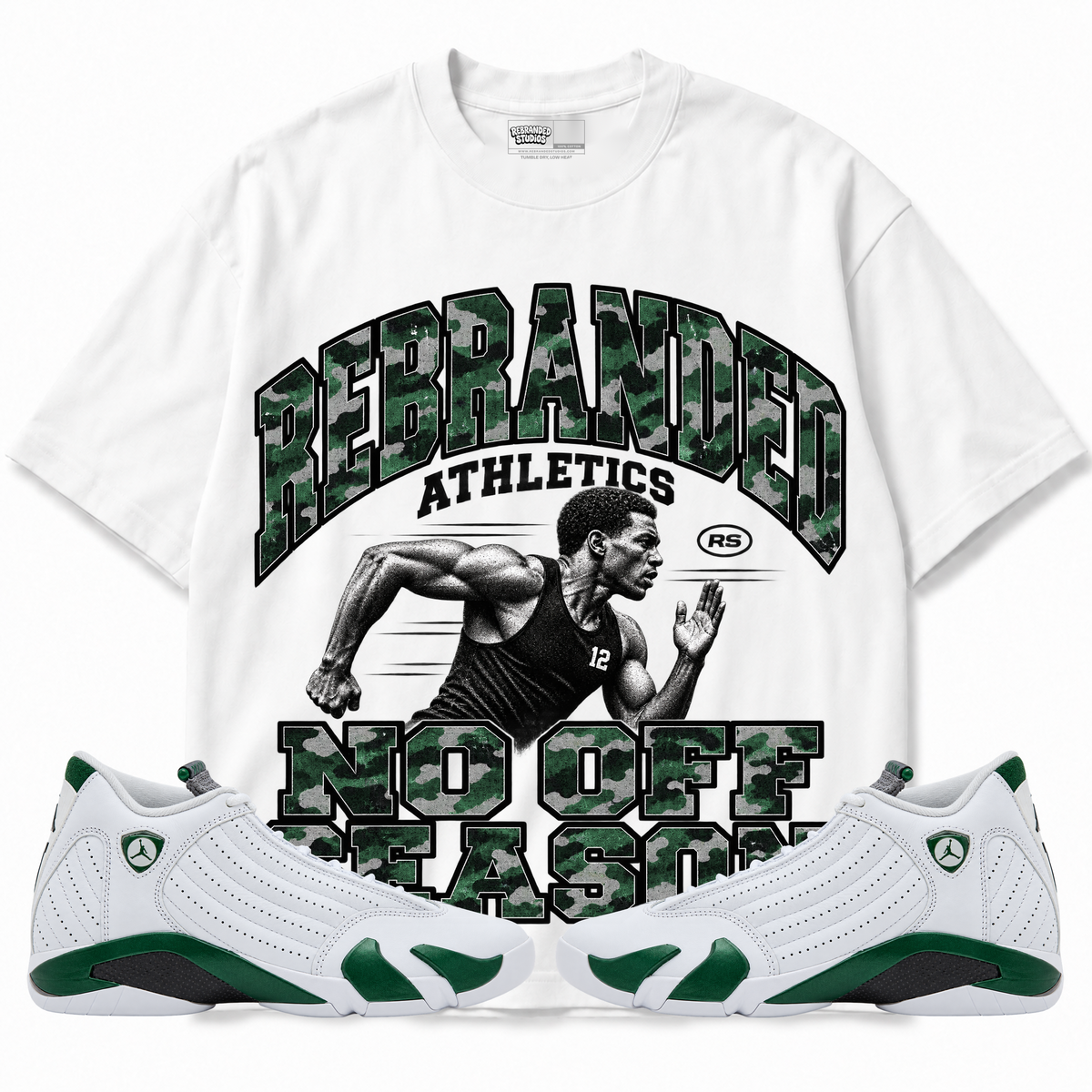 Rebranded Studios No Off Season Air Jordan 14 Forest Green Graphic T-Shirt — front with sneakers