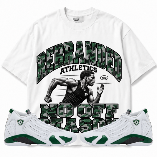 Rebranded Studios No Off Season Air Jordan 14 Forest Green Graphic T-Shirt — front with sneakers