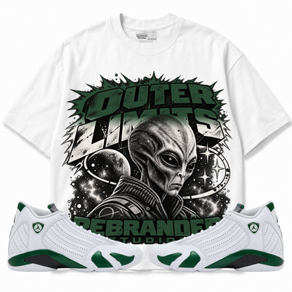 Rebranded Studios Outer Limits Air Jordan 14 Forest Green Graphic T-Shirt — front with sneakers