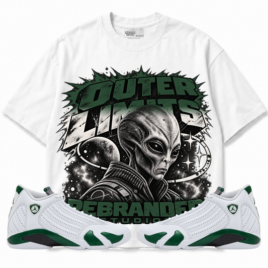 Rebranded Studios Outer Limits Air Jordan 14 Forest Green Graphic T-Shirt — front with sneakers