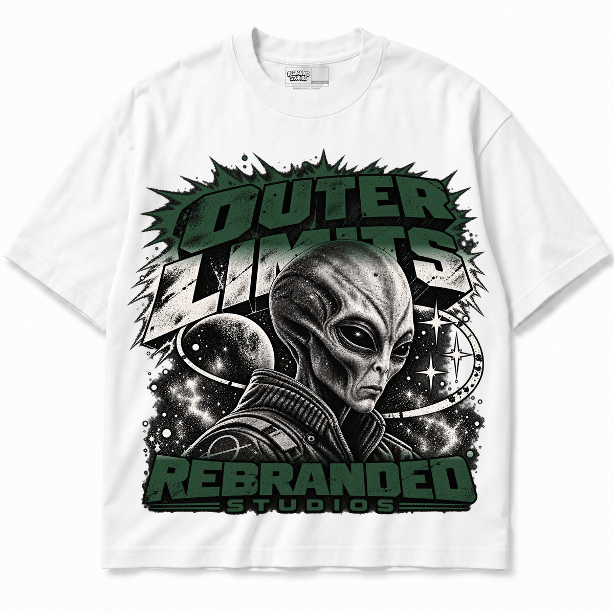 Rebranded Studios Outer Limits Air Jordan 14 Forest Green Graphic T-Shirt — garment front