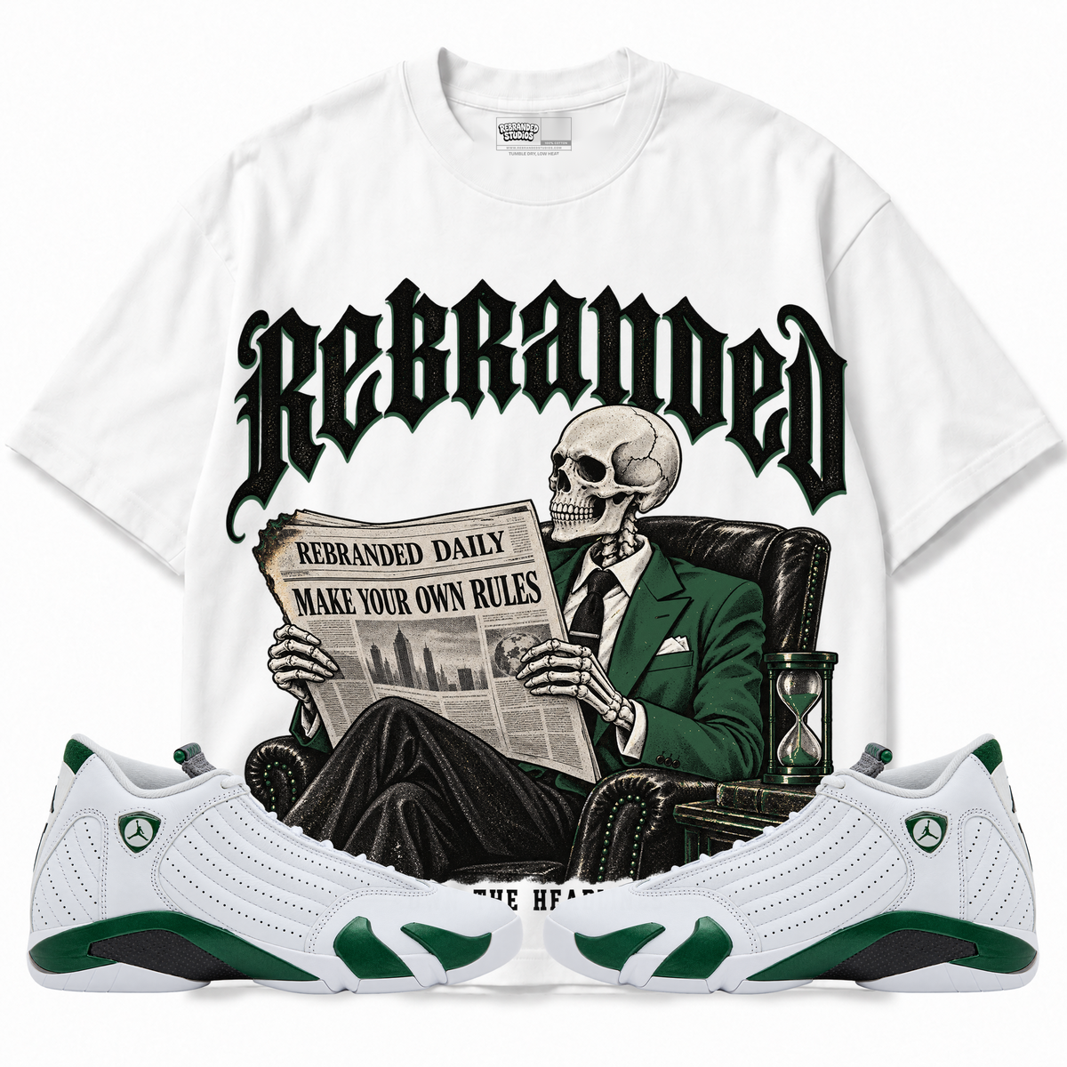 Rebranded Studios Own the Headlines Air Jordan 14 Forest Green Graphic T-Shirt — front with sneakers