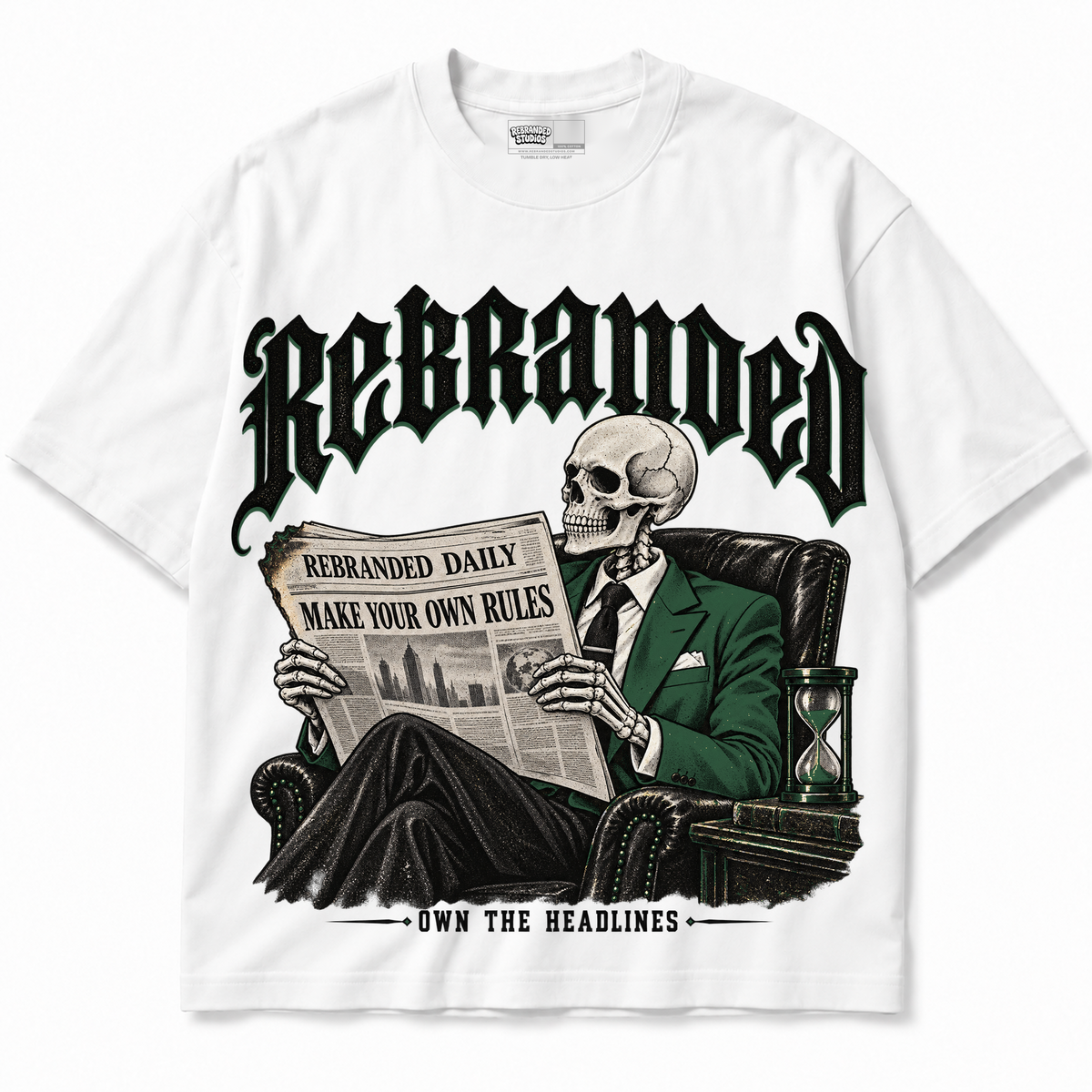 Rebranded Studios Own the Headlines Air Jordan 14 Forest Green Graphic T-Shirt — garment front