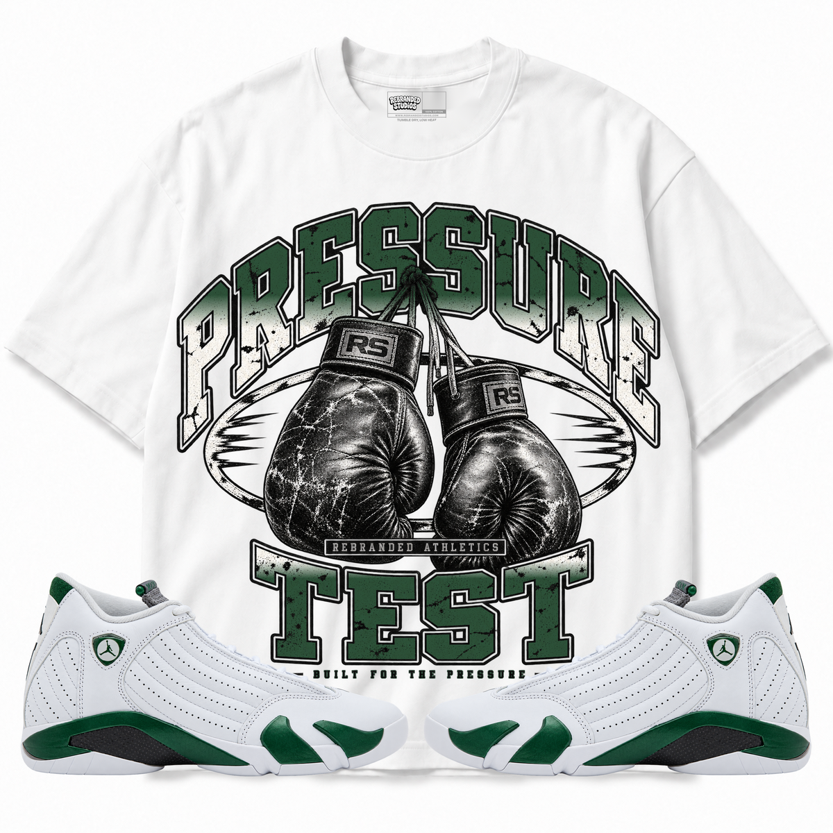 Rebranded Studios Pressure Test Air Jordan 14 Forest Green Graphic T-Shirt — front with sneakers