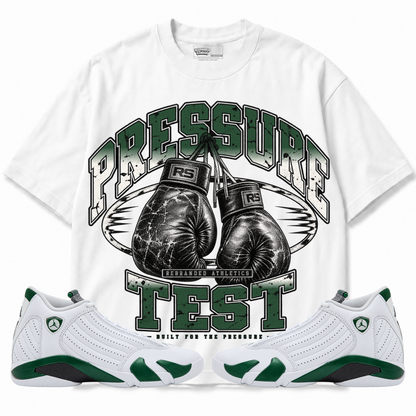 Rebranded Studios Pressure Test Air Jordan 14 Forest Green Graphic T-Shirt — front with sneakers