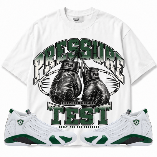 Rebranded Studios Pressure Test Air Jordan 14 Forest Green Graphic T-Shirt — front with sneakers