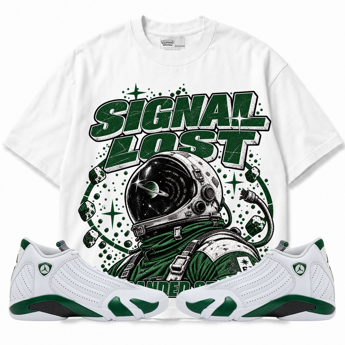 Rebranded Studios Signal Lost Air Jordan 14 Forest Green Graphic T-Shirt — front with sneakers
