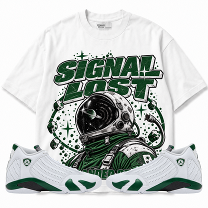 Rebranded Studios Signal Lost Air Jordan 14 Forest Green Graphic T-Shirt — front with sneakers