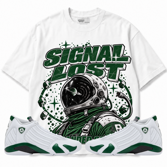 Rebranded Studios Signal Lost Air Jordan 14 Forest Green Graphic T-Shirt — front with sneakers