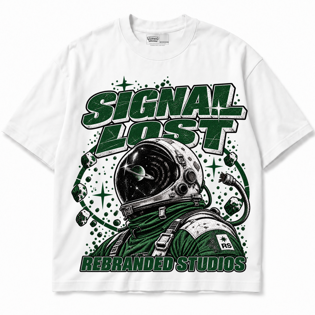Rebranded Studios Signal Lost Air Jordan 14 Forest Green Graphic T-Shirt — garment front