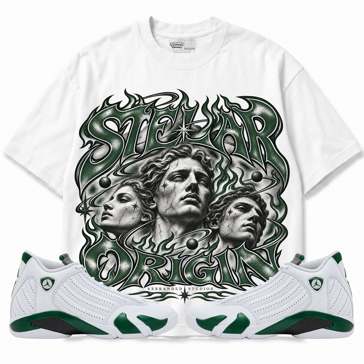 Rebranded Studios Stellar Origin Air Jordan 14 Forest Green Graphic T-Shirt — front with sneakers