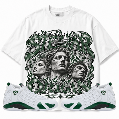 Rebranded Studios Stellar Origin Air Jordan 14 Forest Green Graphic T-Shirt — front with sneakers
