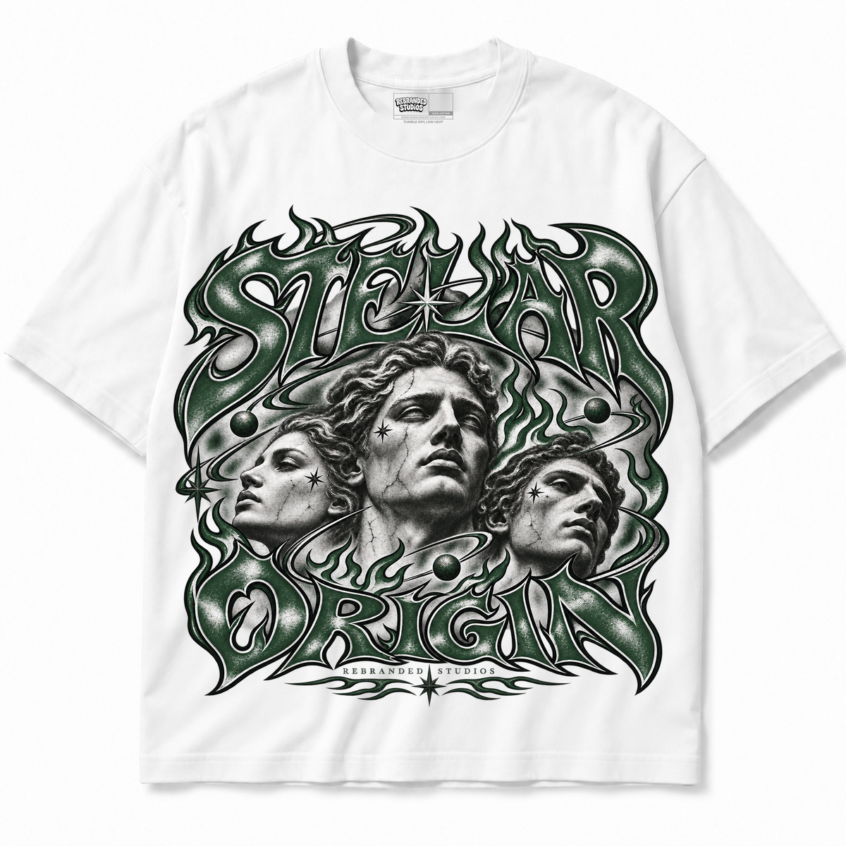 Rebranded Studios Stellar Origin Air Jordan 14 Forest Green Graphic T-Shirt — garment front