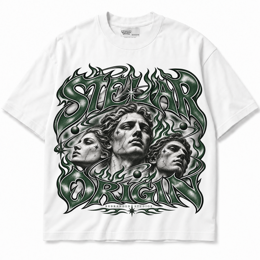 Rebranded Studios Stellar Origin Air Jordan 14 Forest Green Graphic T-Shirt — garment front — alternate view