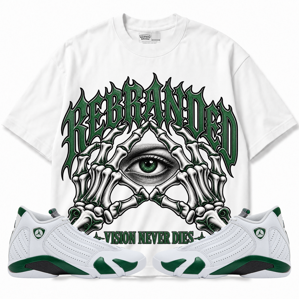 Rebranded Studios Vision Never Dies Air Jordan 14 Forest Green Graphic T-Shirt — front with sneakers