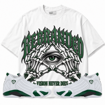 Rebranded Studios Vision Never Dies Air Jordan 14 Forest Green Graphic T-Shirt — front with sneakers