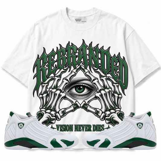 Rebranded Studios Vision Never Dies Air Jordan 14 Forest Green Graphic T-Shirt — front with sneakers