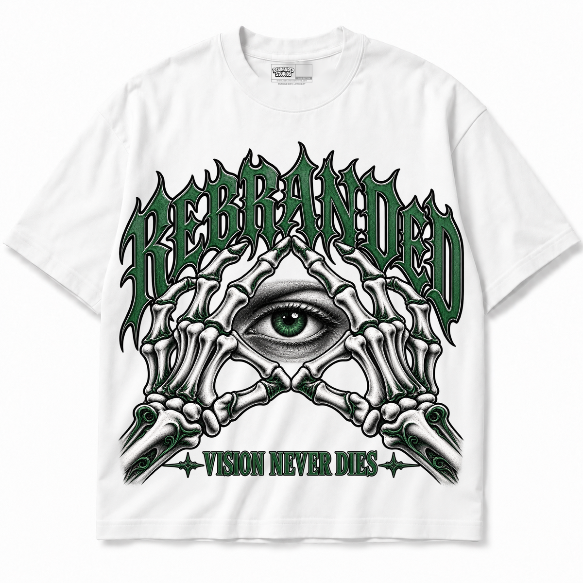 Rebranded Studios Vision Never Dies Air Jordan 14 Forest Green Graphic T-Shirt — garment front